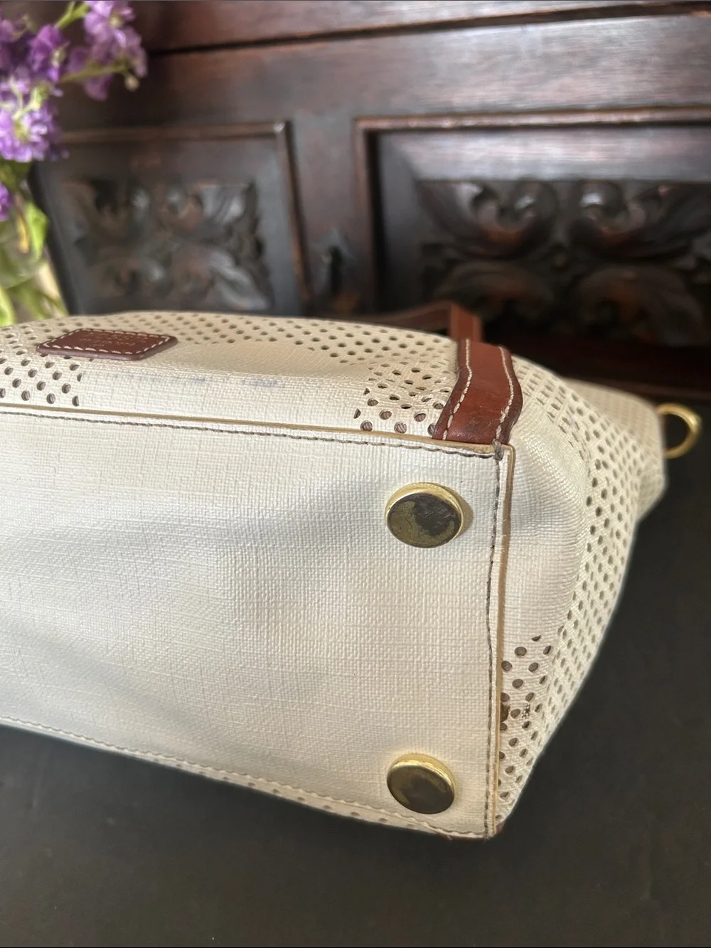 Fossil Cream and Brown Perforated Dot Tote
